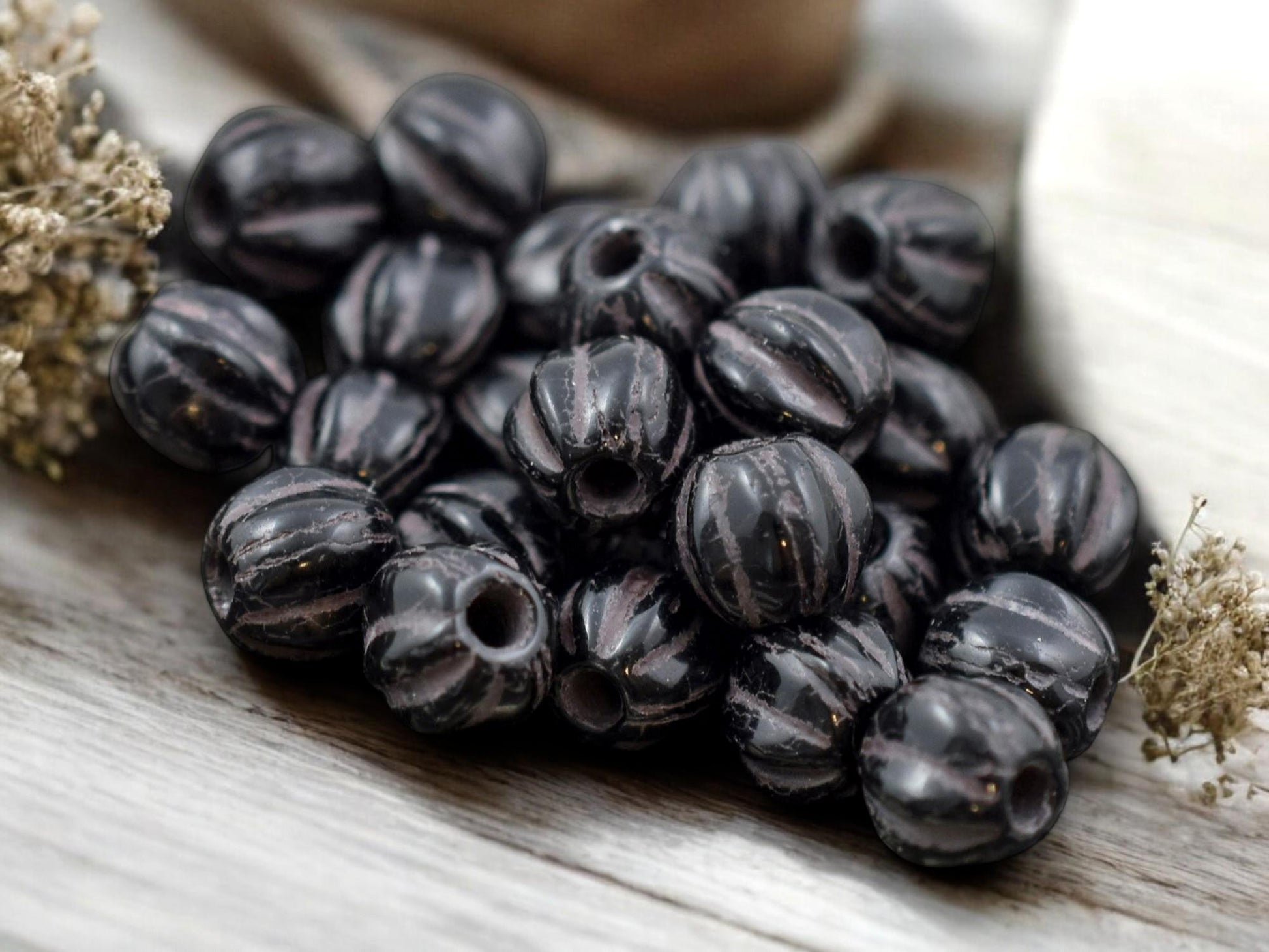 *25* 6mm Brown Washed Jet Black Large Hole Melon Beads