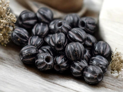 *25* 6mm Brown Washed Jet Black Large Hole Melon Beads