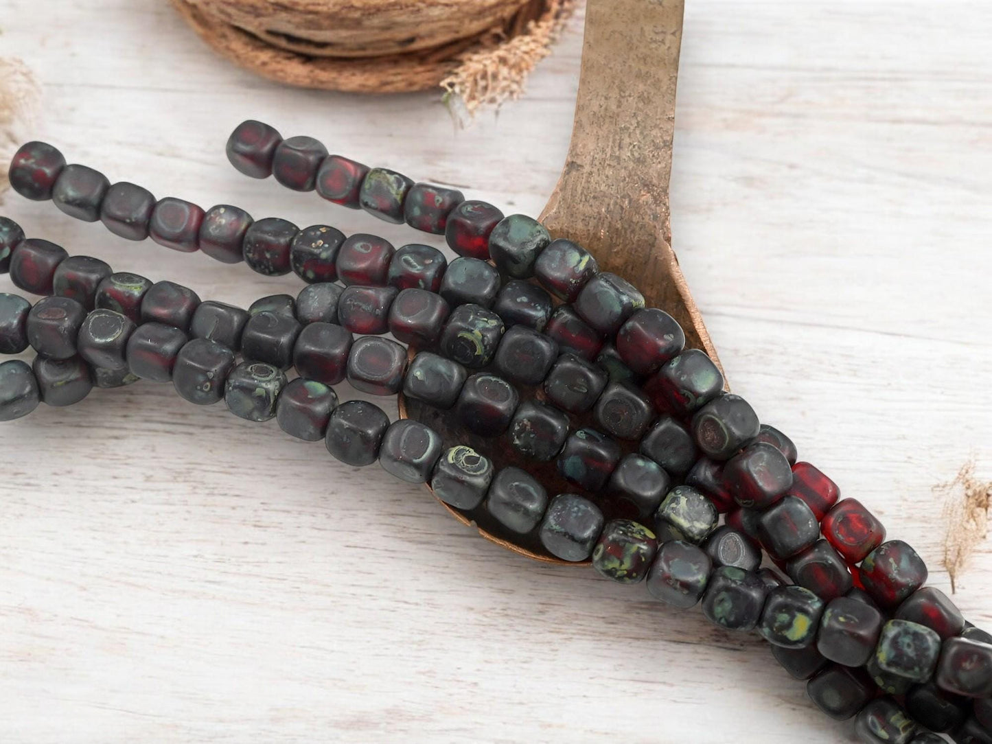 Czech Glass Beads - Picasso Beads - Travertine Beads - Cube Beads - Vintage Czech Beads - 6mm - 8 inch strand - (6138)