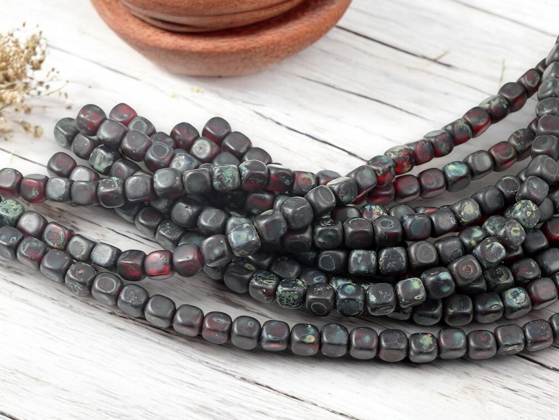 Czech Glass Beads - Picasso Beads - Travertine Beads - Cube Beads - Vintage Czech Beads - 6mm - 8 inch strand - (6138)