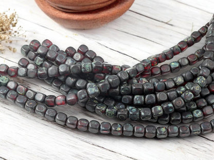 Czech Glass Beads - Picasso Beads - Travertine Beads - Cube Beads - Vintage Czech Beads - 6mm - 8 inch strand - (6138)