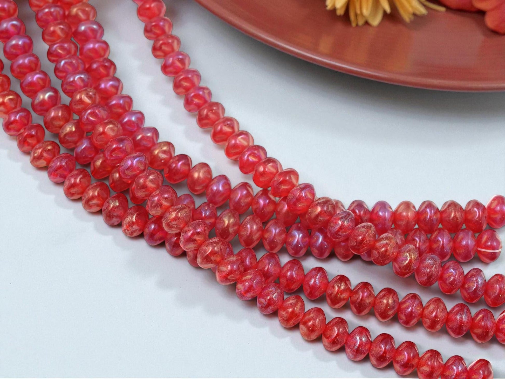 Czech Glass Red Rondelle Spacer Beads - Siam Ruby Luster - Holiday Jewelry - 34pcs - 6x8mm - (A513)