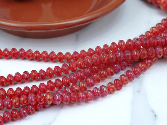 Czech Glass Red Rondelle Spacer Beads - Siam Ruby Luster - Holiday Jewelry - 34pcs - 6x8mm - (A513)