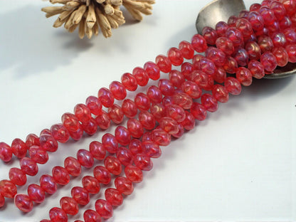 Czech Glass Red Rondelle Spacer Beads - Siam Ruby Luster - Holiday Jewelry - 34pcs - 6x8mm - (A513)