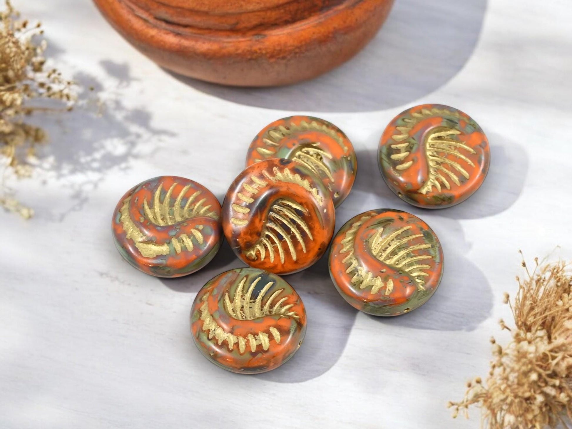 Czech Glass Beads - Fossil Beads - Focal Beads - Large Coin Beads - 19mm - 6pcs - (3888)
