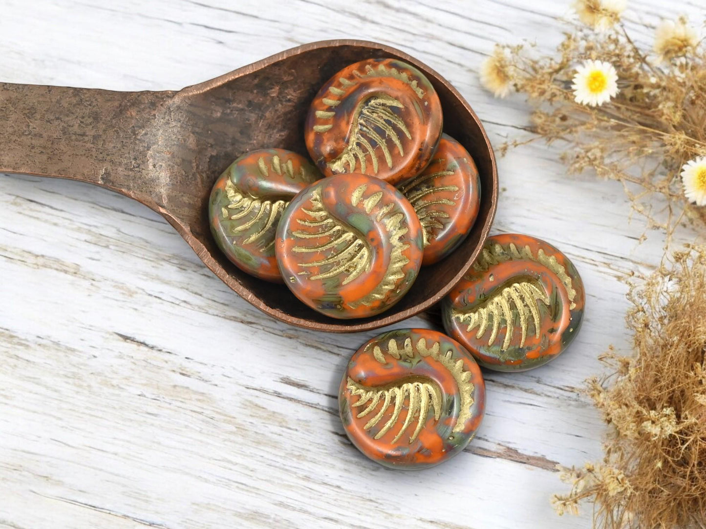 Czech Glass Beads - Fossil Beads - Focal Beads - Large Coin Beads - 19mm - 6pcs - (3888)