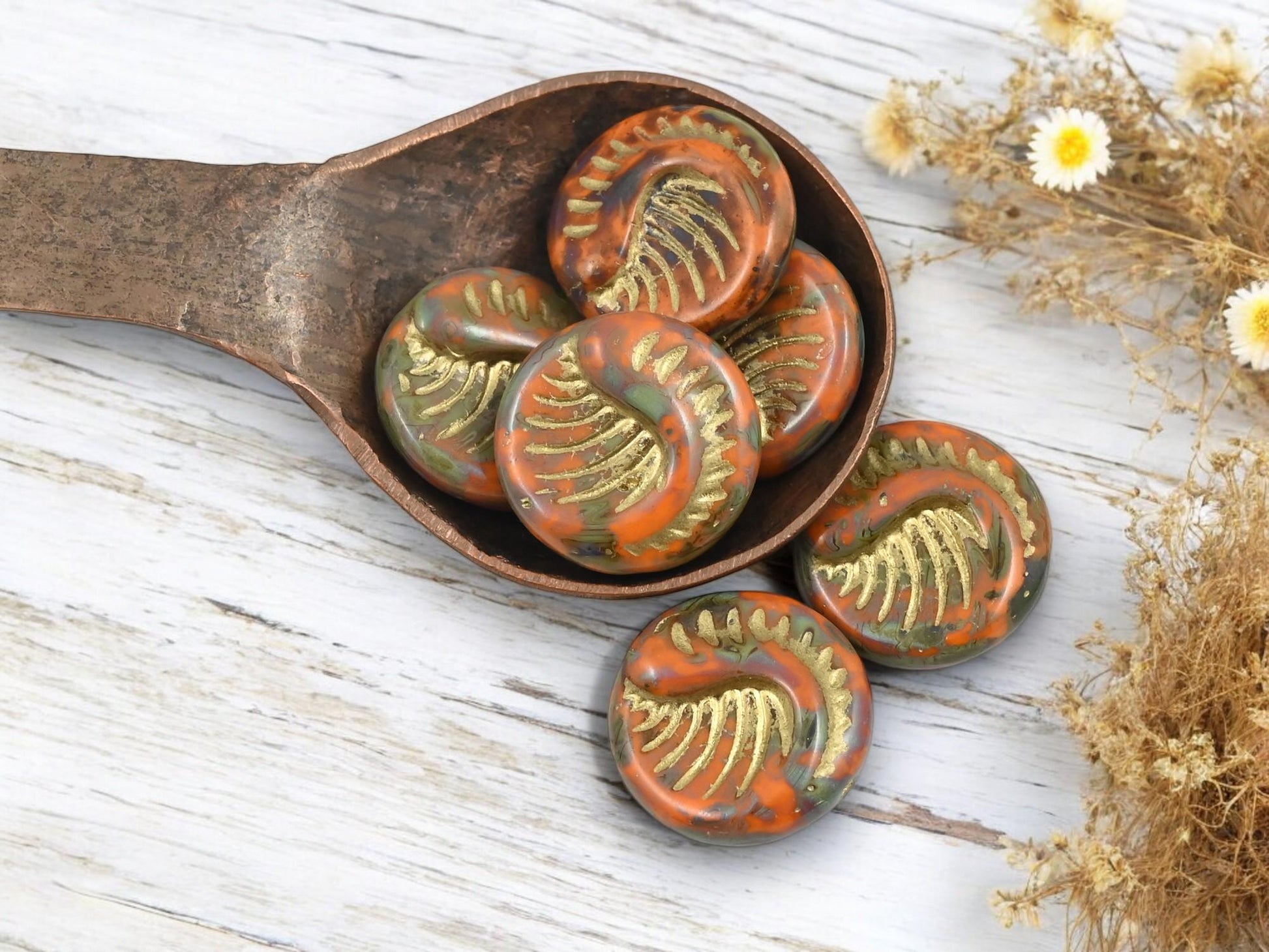 Czech Glass Beads - Fossil Beads - Focal Beads - Large Coin Beads - 19mm - 6pcs - (3888)
