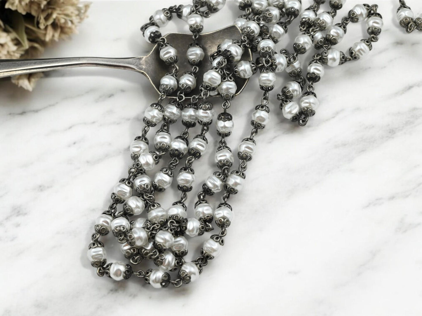 Pearl Chain - Rosary Chain - Beaded Chain - Czech Glass Pearls - Czech Glass Beads - 6mm or 8mm - Sold by the foot