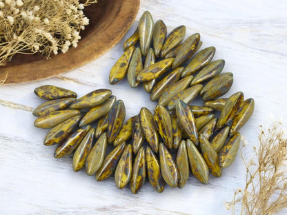 Czech Glass Beads - Dagger Beads - 5x16mm Dagger - Picasso Beads - 25pcs - (1913)