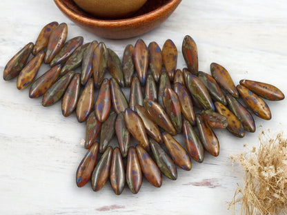 Czech Glass Beads - Dagger Beads - 5x16mm Dagger - Picasso Beads - 25pcs - (519)