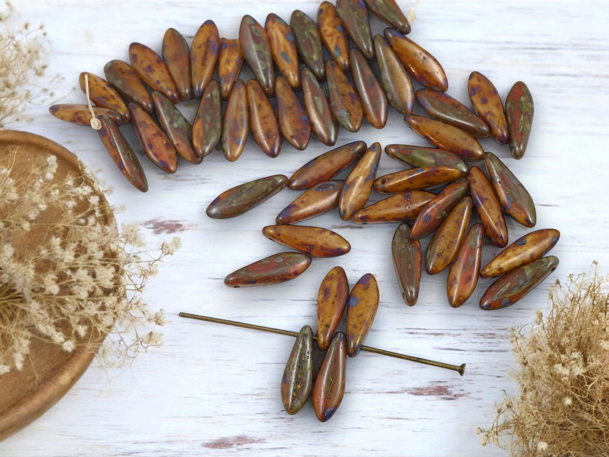 Czech Glass Beads - Dagger Beads - 5x16mm Dagger - Picasso Beads - 25pcs - (519)