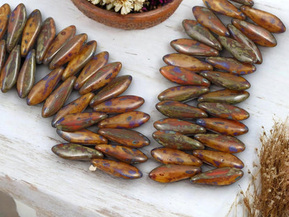 Czech Glass Beads - Dagger Beads - 5x16mm Dagger - Picasso Beads - 25pcs - (519)