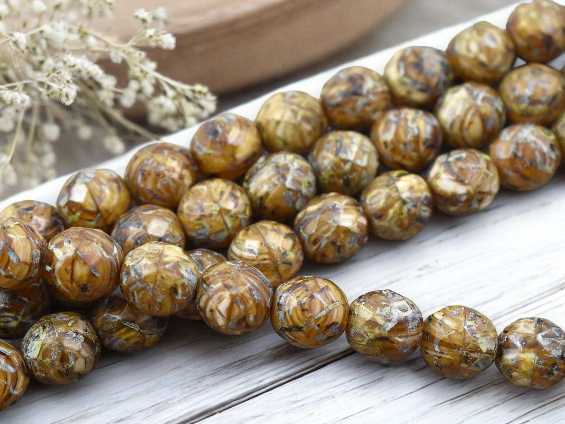 12mm Camel Beige Travertine Fire Polished Round Beads