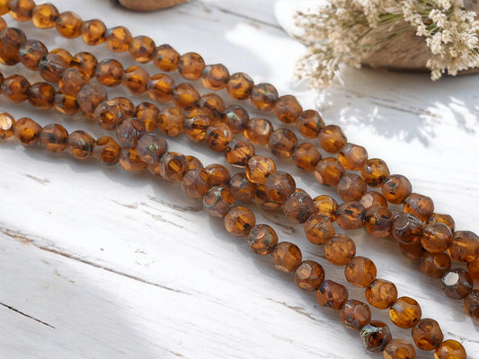 Old Stock Czech Glass 8mm Table Cut Round Translucent Topaz Picasso Beads - 28pcs - (B462)