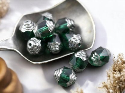 *15* 8x10mm Silver Tipped Emerald Green Fire Polished Cathedral Beads