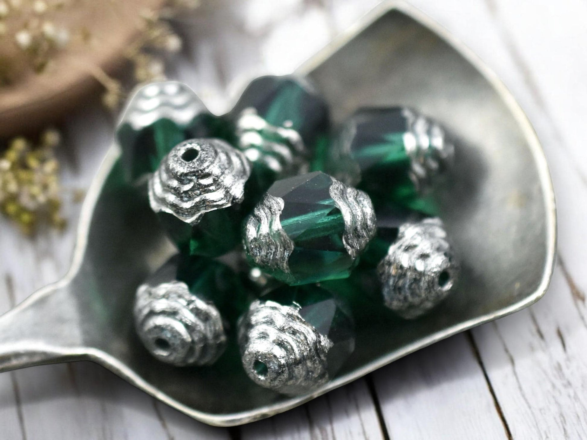 *15* 8x10mm Silver Tipped Emerald Green Fire Polished Cathedral Beads