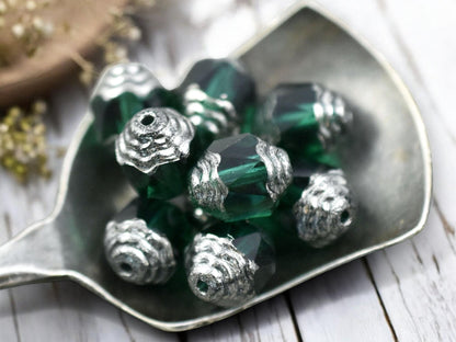 *15* 8x10mm Silver Tipped Emerald Green Fire Polished Cathedral Beads