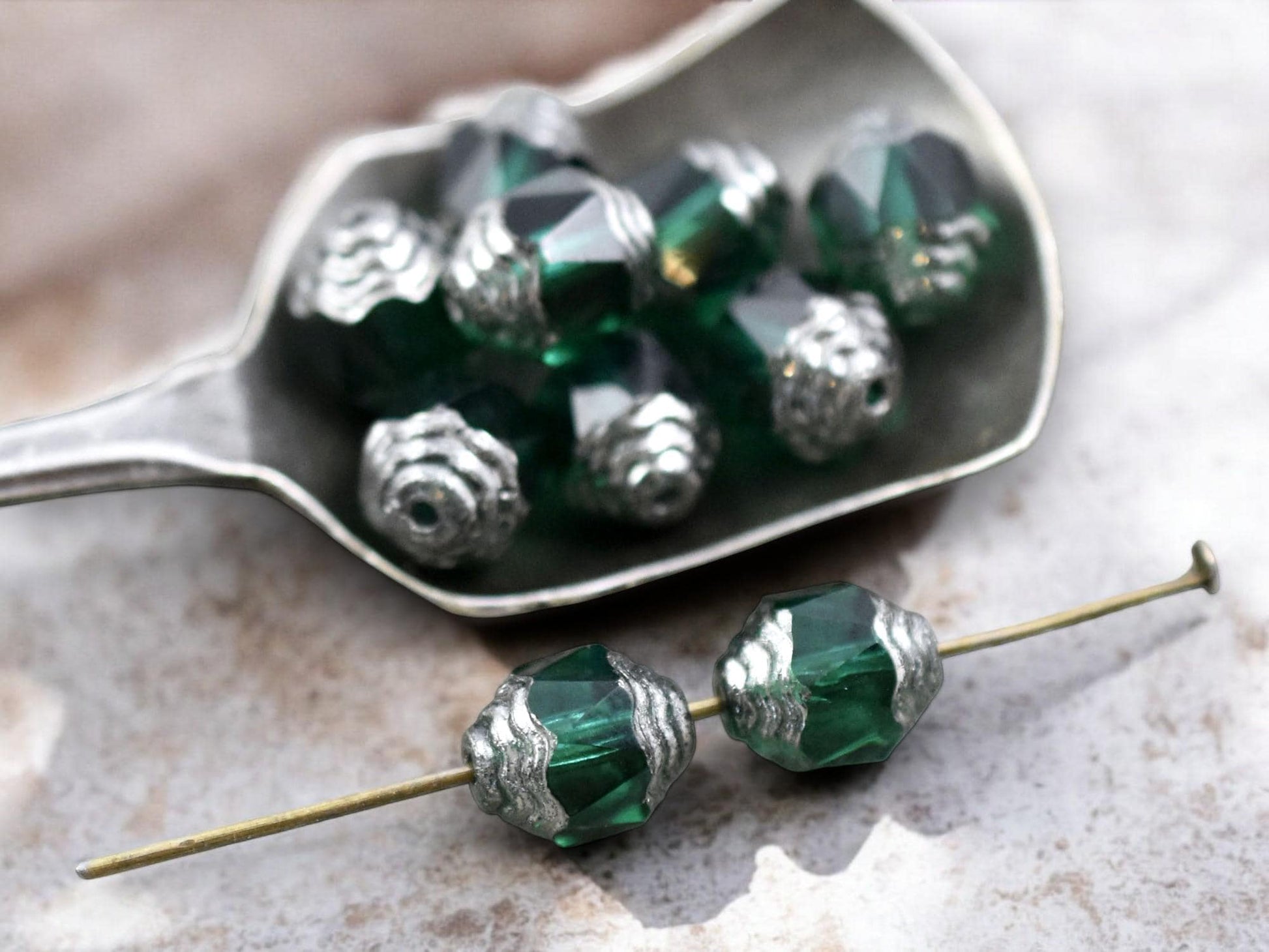 *15* 8x10mm Silver Tipped Emerald Green Fire Polished Cathedral Beads