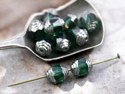 *15* 8x10mm Silver Tipped Emerald Green Fire Polished Cathedral Beads