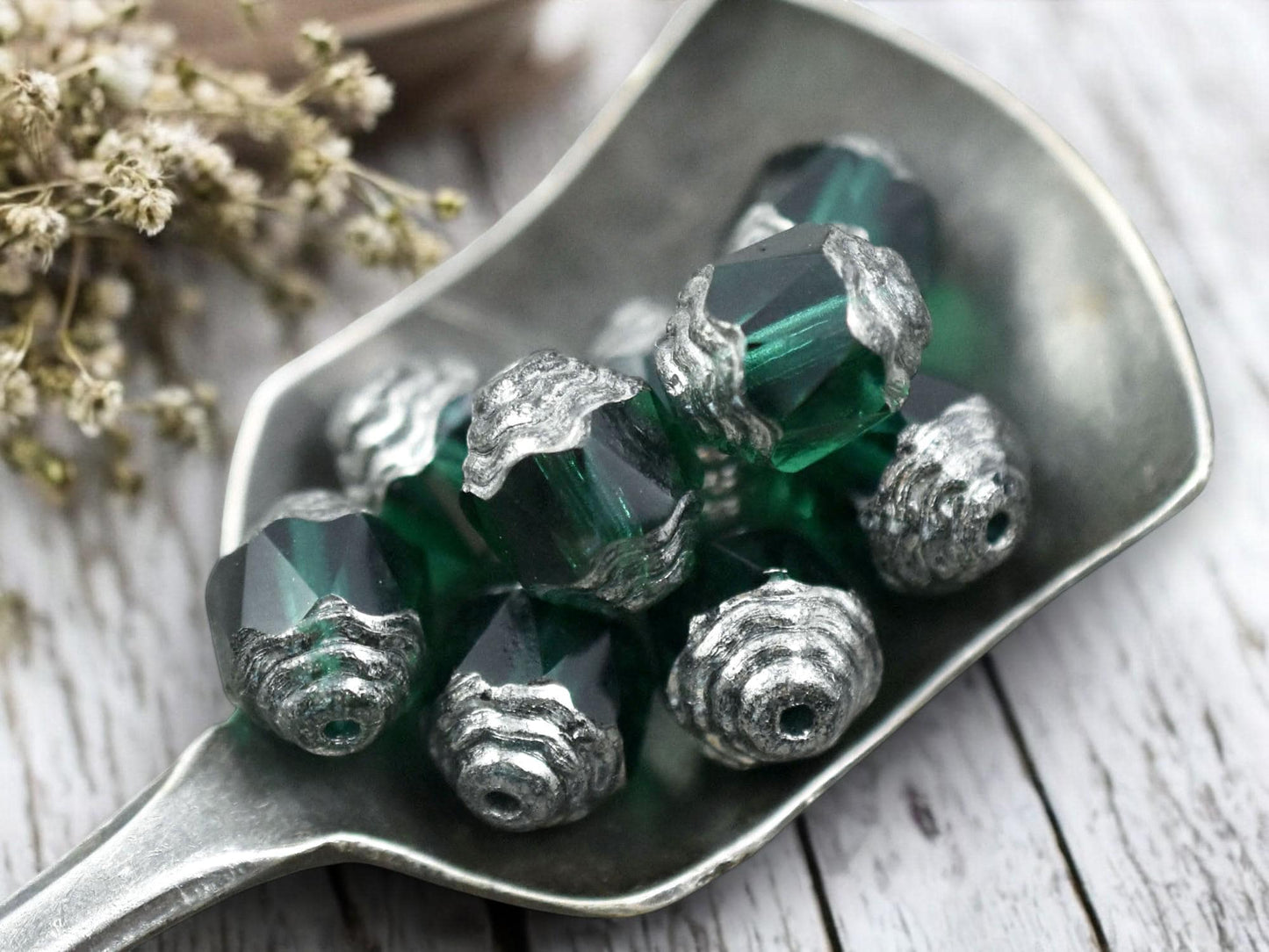 *15* 8x10mm Silver Tipped Emerald Green Fire Polished Cathedral Beads
