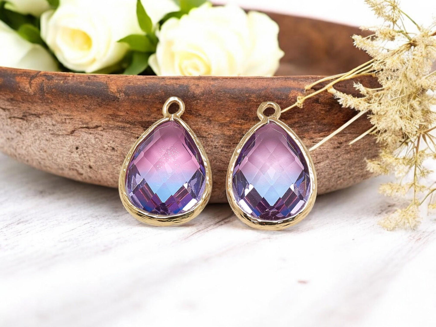 Drop Charms - Glass Pendants - Bezel Pendant - Teardrop Pendant - Gold Pendant - 23x15mm - 5pcs - (4508)