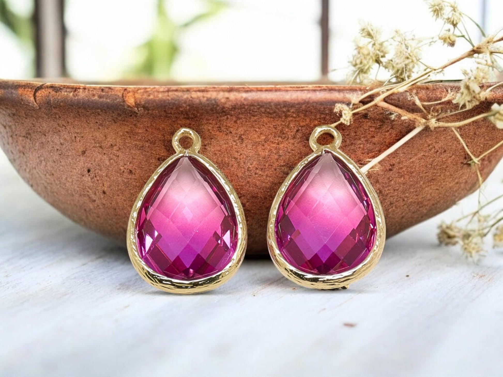 Colorful Pendant - Gold Pendant - Glass Pendants - Bezel Pendant - Teardrop Pendant - 23x15mm - 5pcs - (3648)