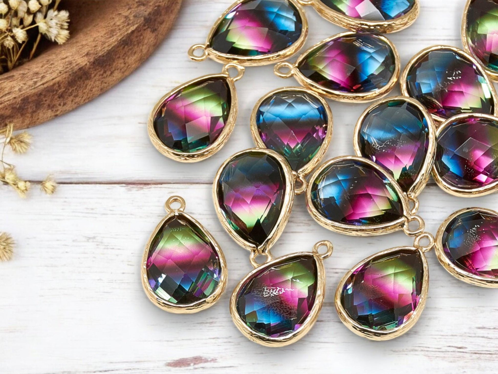 Glass Pendants - Bezel Pendant - Teardrop Pendant - Gold Pendant - 23x15mm - 5pcs - (1563)