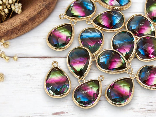 Glass Pendants - Bezel Pendant - Teardrop Pendant - Gold Pendant - 23x15mm - 5pcs - (1563)