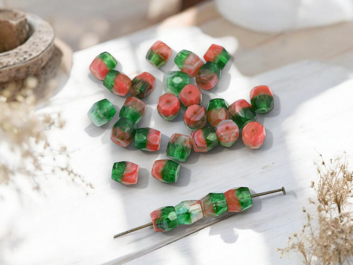 Holiday Beads - Czech Glass Beads - Barrel Beads - Christmas beads - 7mm - 25pcs - (730)