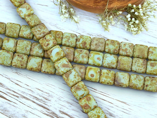 Czech Glass Matte Turquoise Travertine Flat Square Beads - Old Stock Picasso - 10mm - 12pcs - (1208)