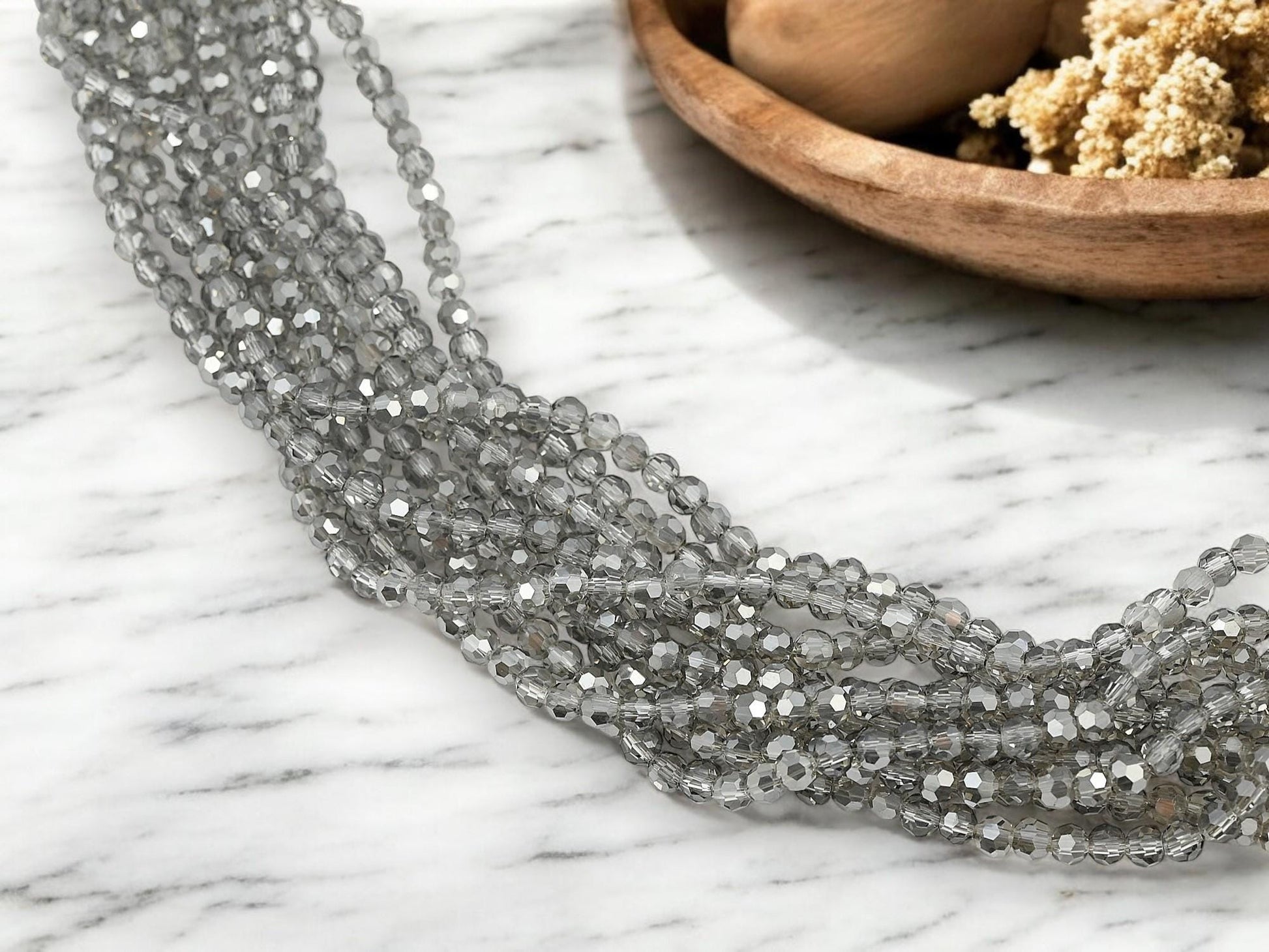4mm Silver Crystal Shadow Faceted Round Electroplated Chinese Glass Beads - 13.5" Strand - (B545)