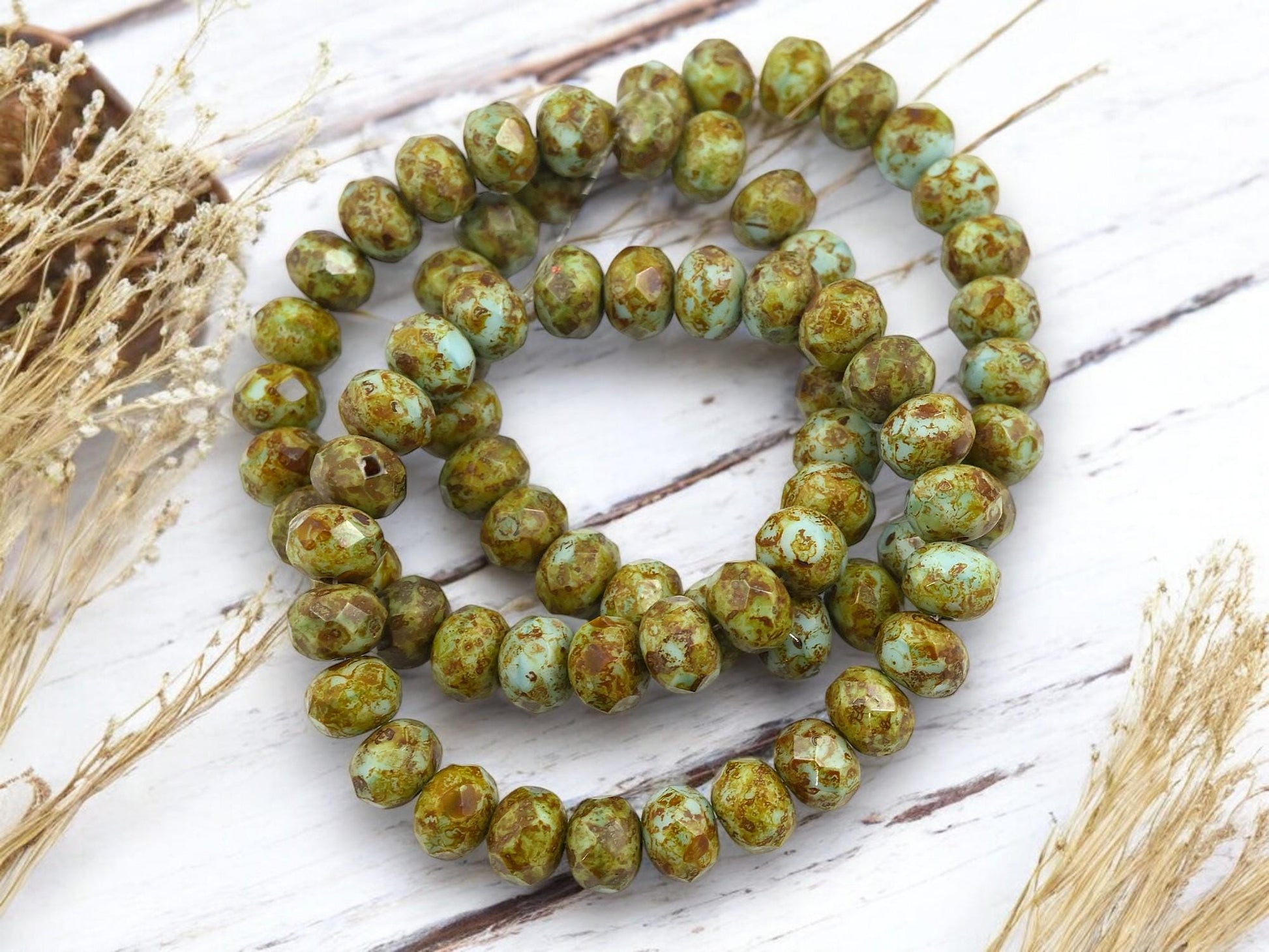 Czech Glass Faceted Rondelle Beads - Robins Egg Picasso - 6x9mm - 25pcs - (A442)