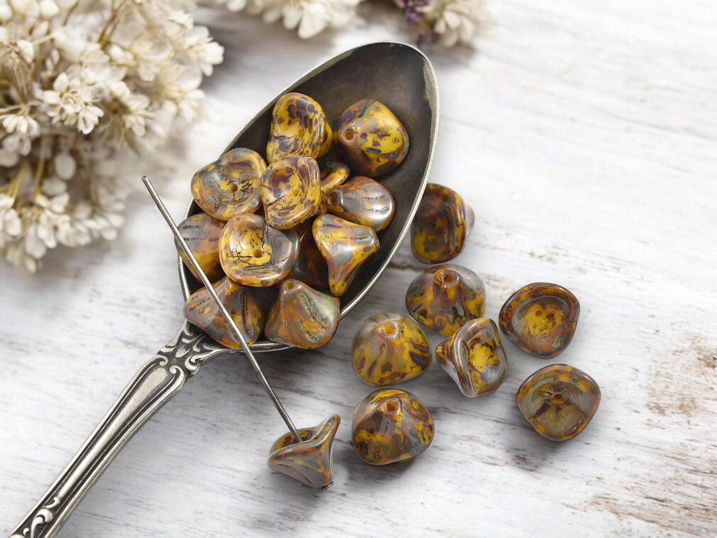 *25* 10x12mm Opaque Yellow Travertine 3 Petal Bell Flower Beads