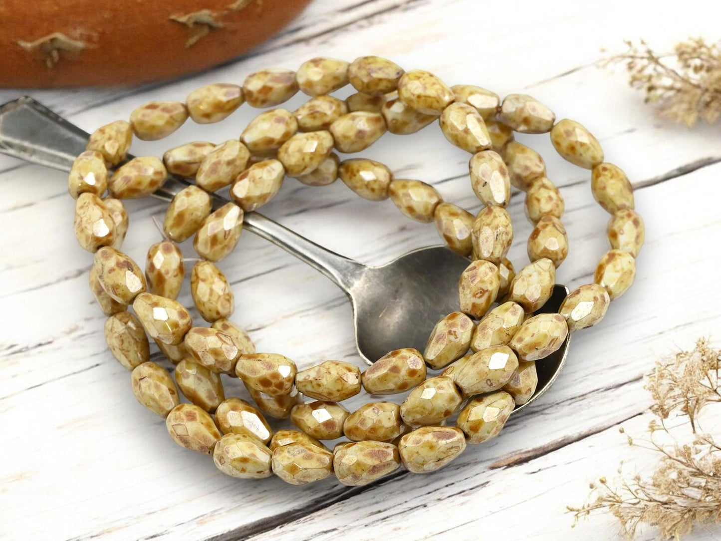 Czech Glass Faceted Fire Polished Tear Drop Beads - Beige Picasso Luster - 6x10mm - 20pcs - (2884)