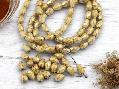 Czech Glass Faceted Fire Polished Tear Drop Beads - Beige Picasso Luster - 6x10mm - 20pcs - (2884)