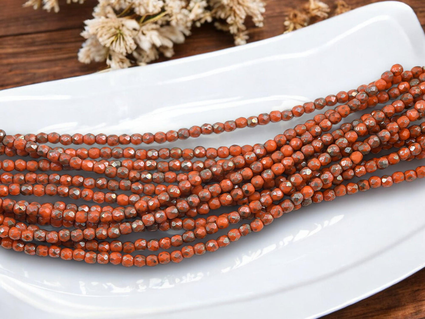 Czech Glass 3mm Faceted Fire Polished Round Beads - Orange Silver Travertine - 50pcs - (4175)