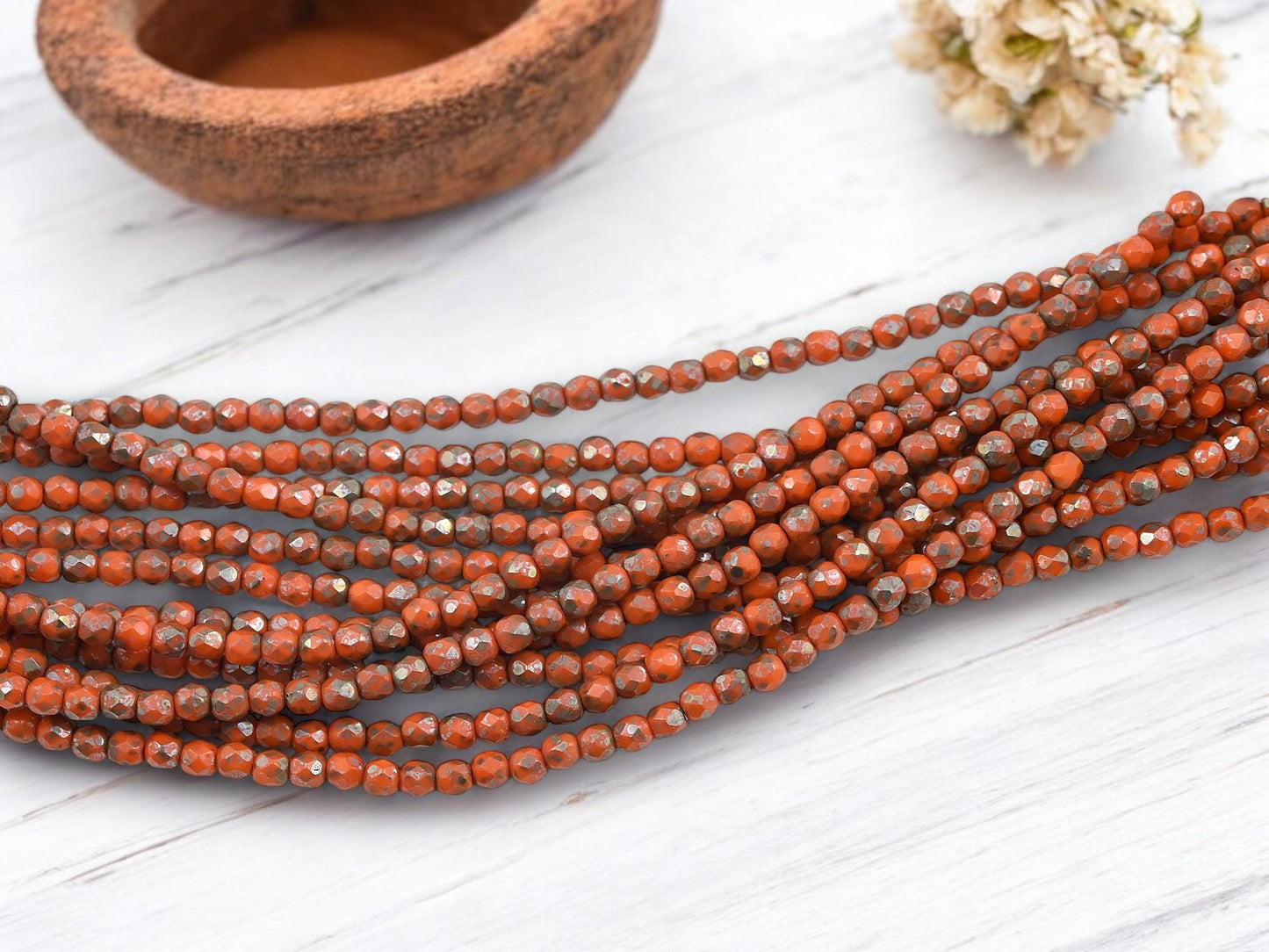Czech Glass 3mm Faceted Fire Polished Round Beads - Orange Silver Travertine - 50pcs - (4175)
