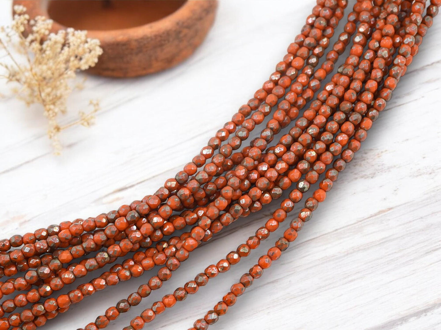 Czech Glass 3mm Faceted Fire Polished Round Beads - Orange Silver Travertine - 50pcs - (4175)