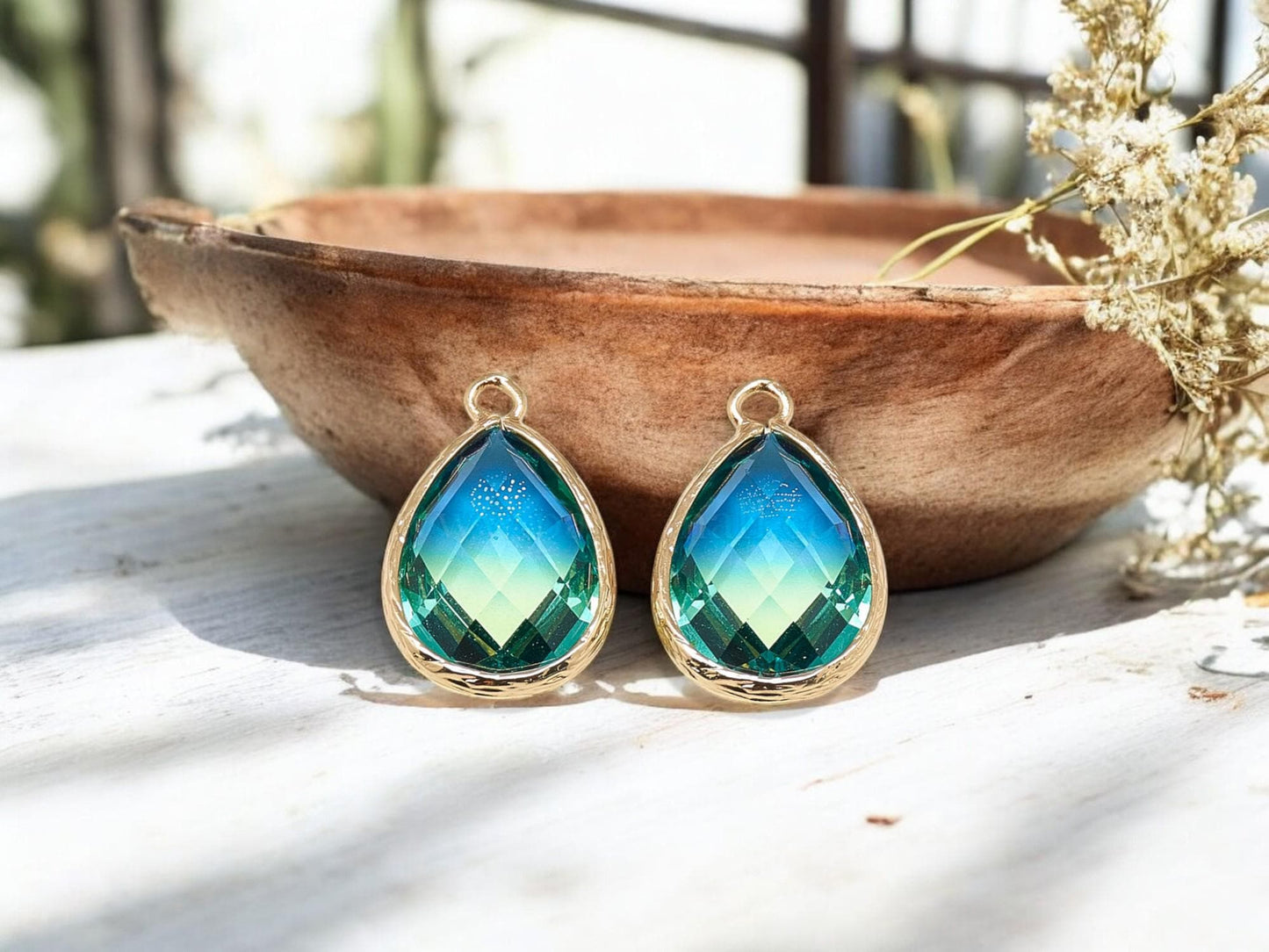 Glass Pendants - Bezel Pendant - Teardrop Pendant - Gold Pendant - 23x15mm - 5pcs - (1752)