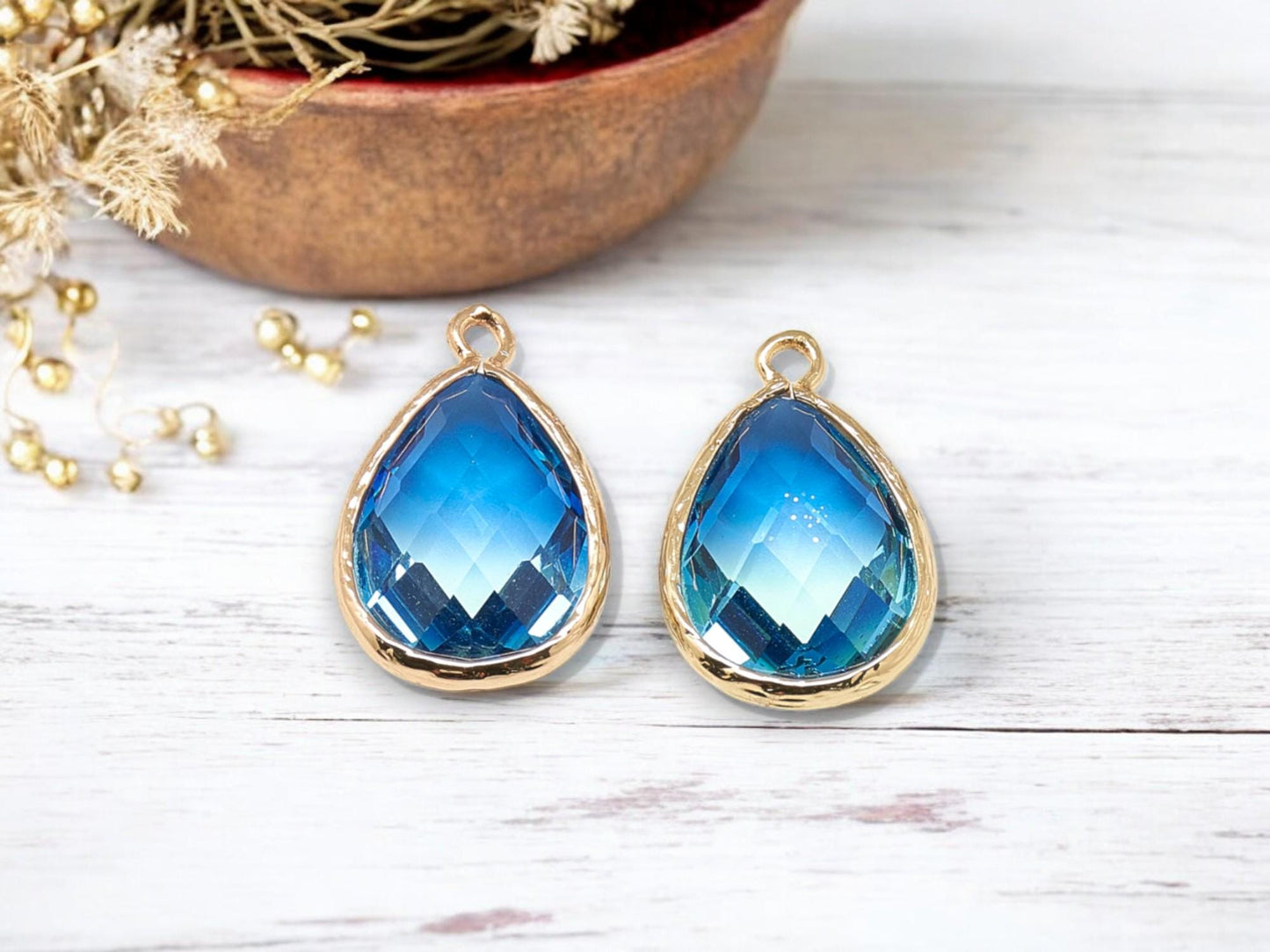 Glass Pendants - Bezel Pendant - Teardrop Pendant - Gold Pendant - 23x15mm - 5pcs - (914)