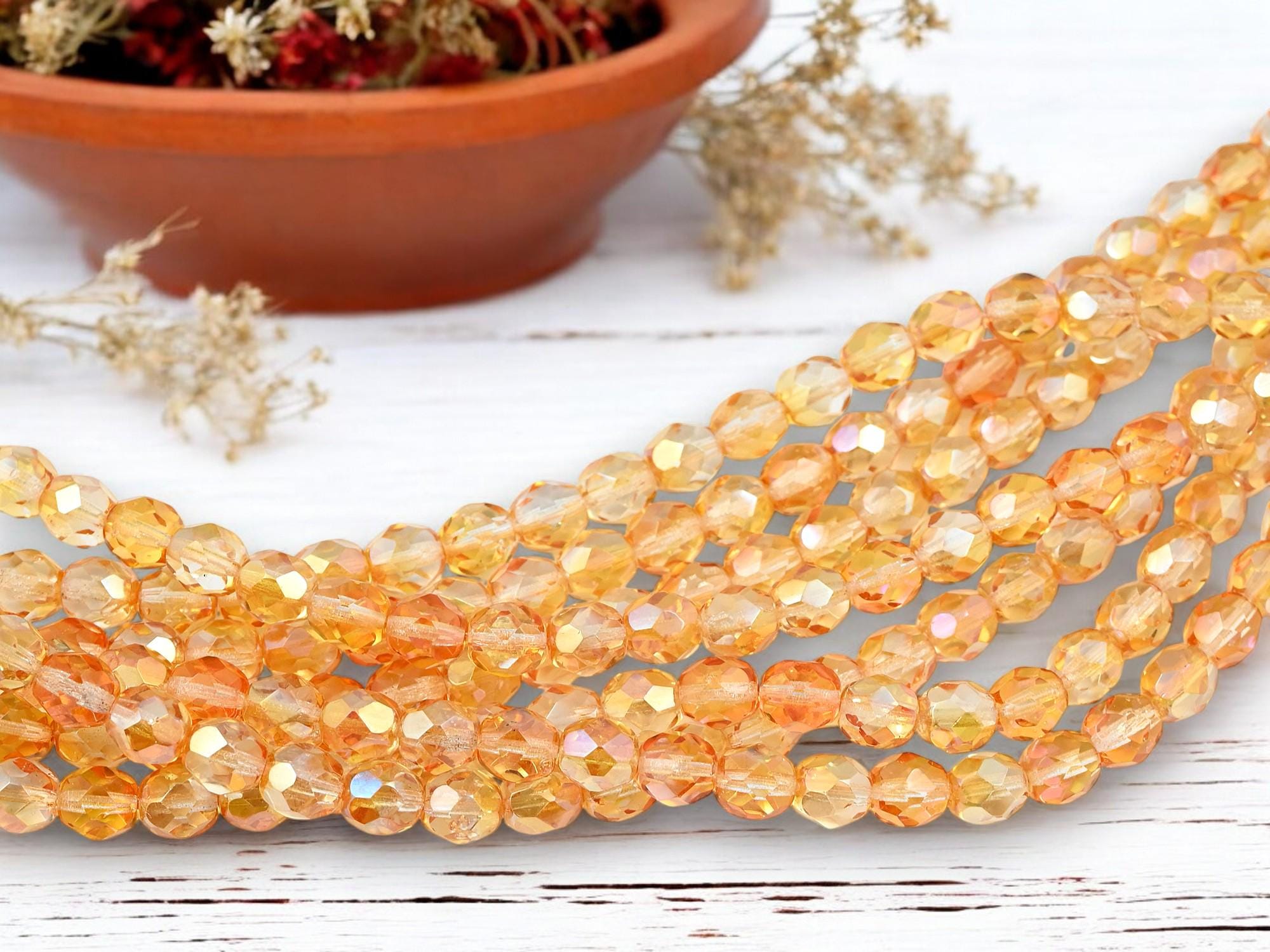 Vintage Czech Glass 8mm Fire Polished Beads – Yellow Opal Faceted Round – NOS T414