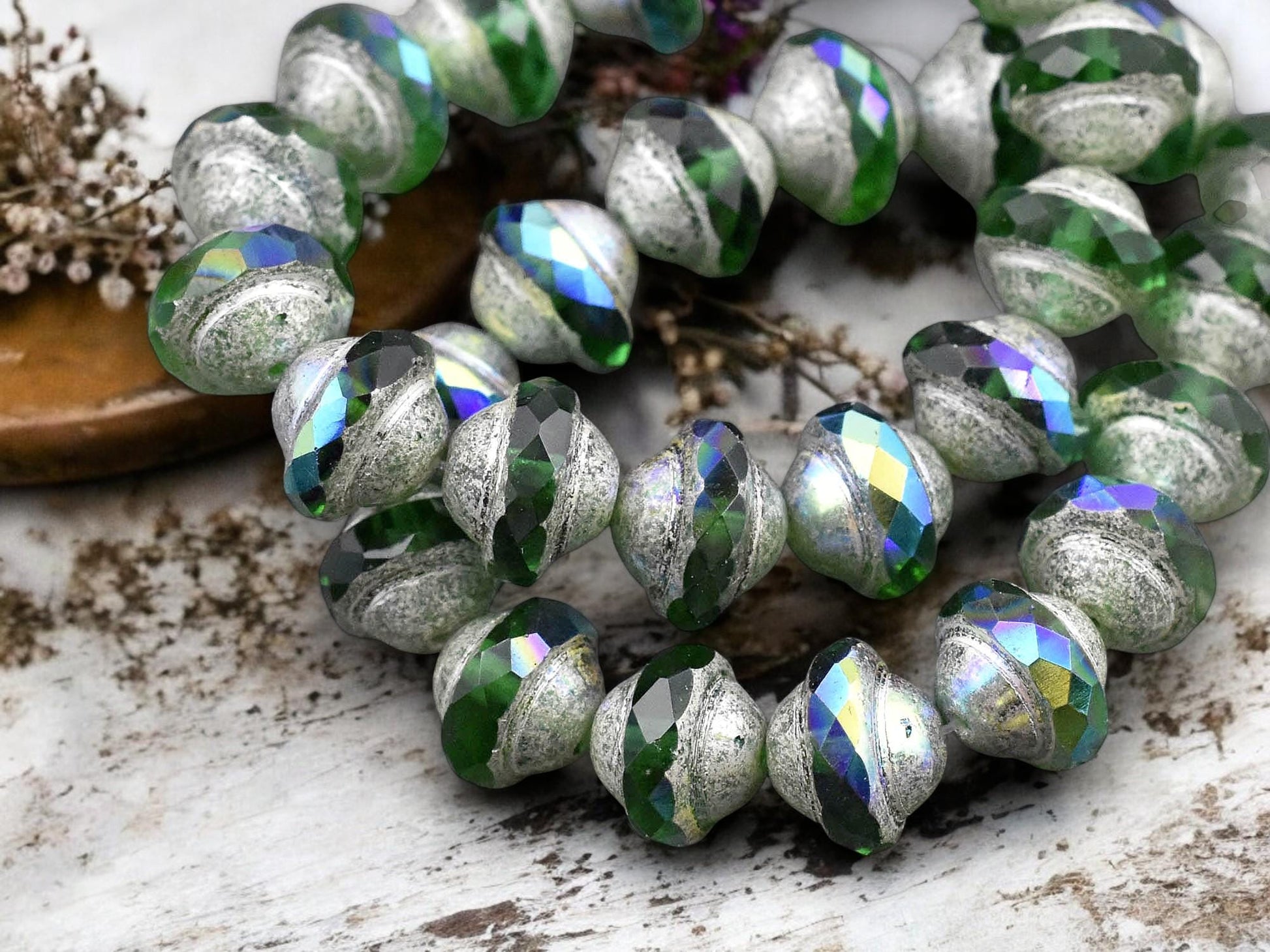 *15* 8x10mm Antique Silver Washed Emerald AB Saturn Beads