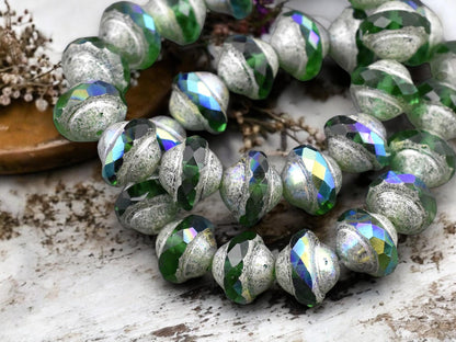 *15* 8x10mm Antique Silver Washed Emerald AB Saturn Beads