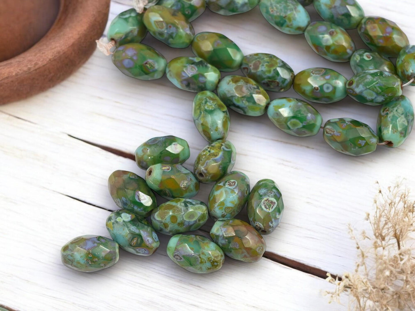 *12* 12x8mm Mottled Turquoise Picasso Fire Polished Faceted Oval Beads