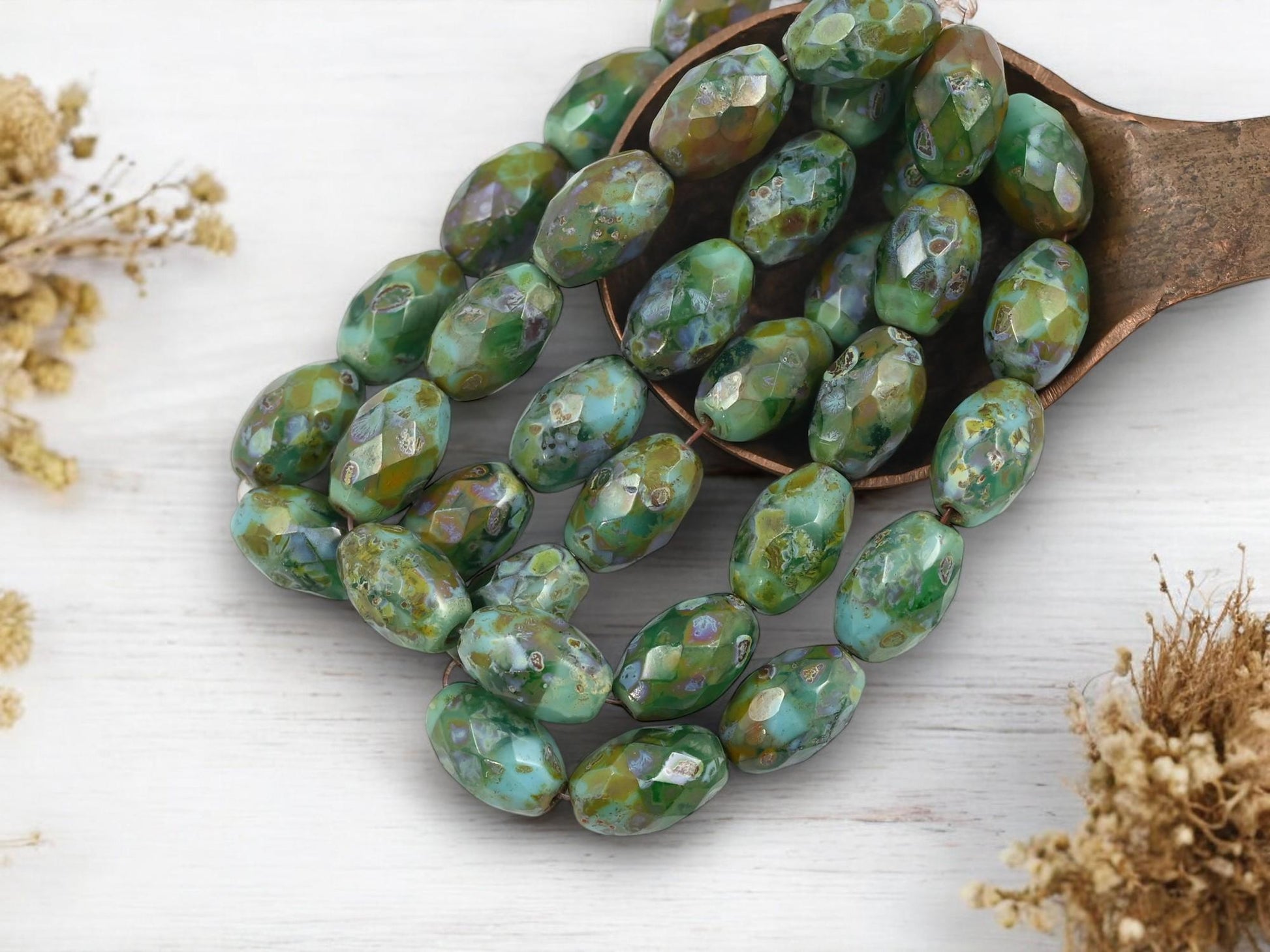 *12* 12x8mm Mottled Turquoise Picasso Fire Polished Faceted Oval Beads