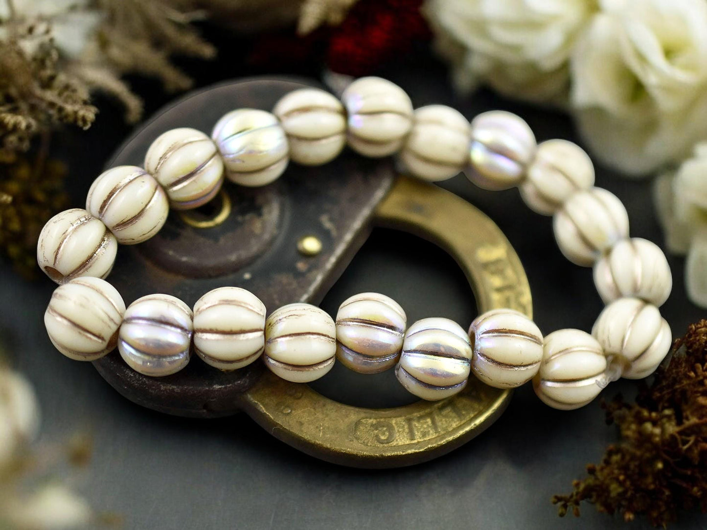 *20* 8mm Blonde Platinum Washed Opaque White AB Large Hole Melon Beads