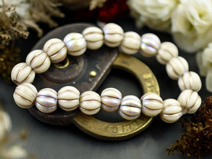 *20* 8mm Blonde Platinum Washed Opaque White AB Large Hole Melon Beads