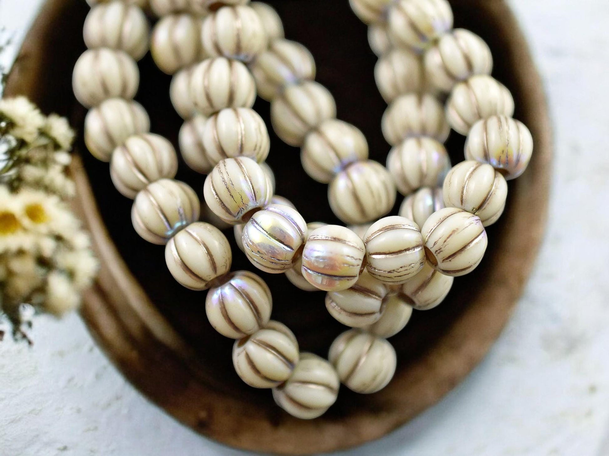 *20* 8mm Blonde Platinum Washed Opaque White AB Large Hole Melon Beads