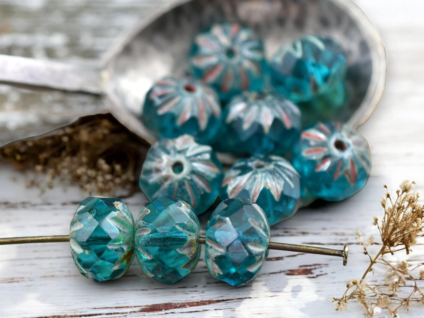 *25* 6x9mm Capri Blue Picasso Fire Polish Cruller Rondelle Beads