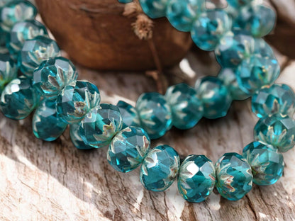 *25* 6x9mm Capri Blue Picasso Fire Polish Cruller Rondelle Beads